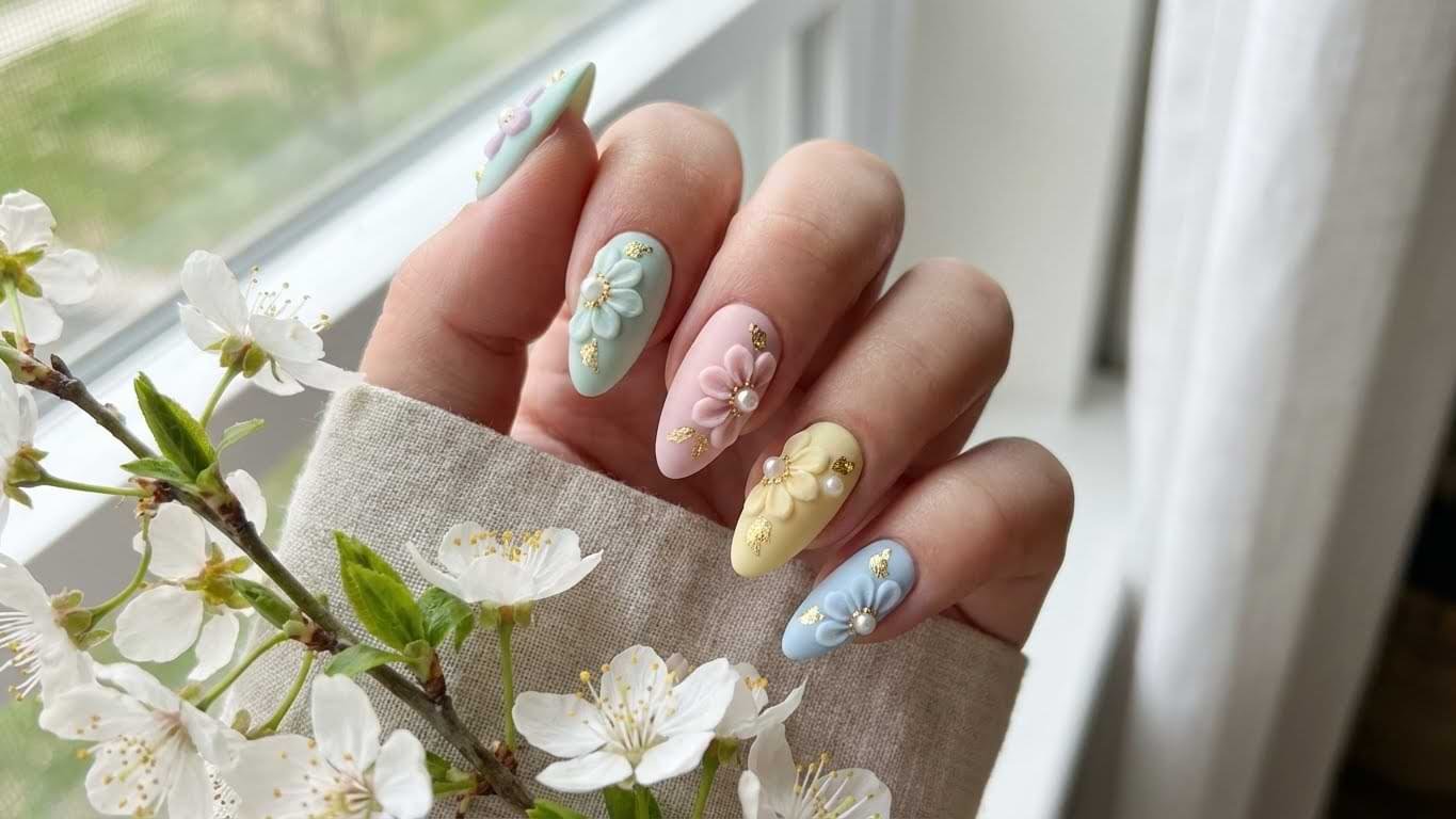 Floral 3D Almond Nails